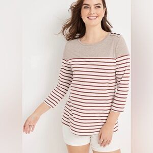 Maurices Beige and Rust Striped 3/4 Sleeve Tee